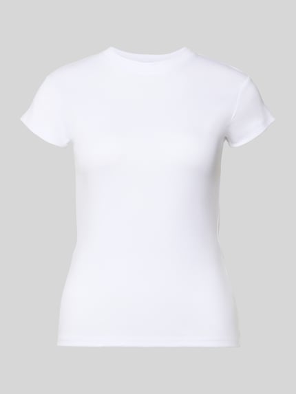 Produktfoto, wit T-shirt met ronde hals, katoenmix, slim fit, model 'EVERYDAY' van Topshop, dames, ruglengte maat S 54 cm