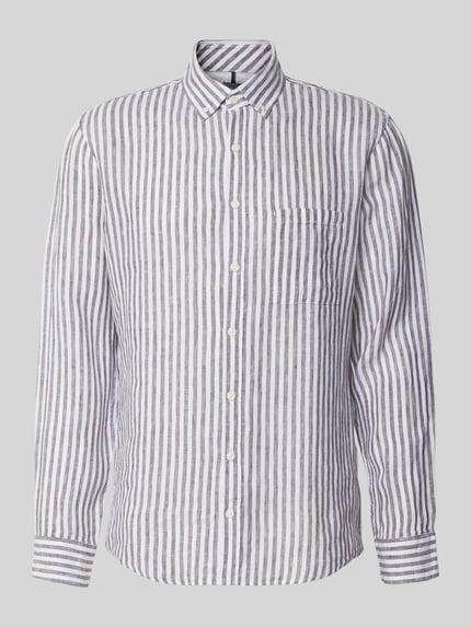 Produktfoto, Modern Fit Freizeithemd aus reinen Leinen Modell 'Daniel' von Brax mit weißen und grauen Streifen, Textur glatt, Button-Down-Kragen, Knopfleiste, Herrenhemd