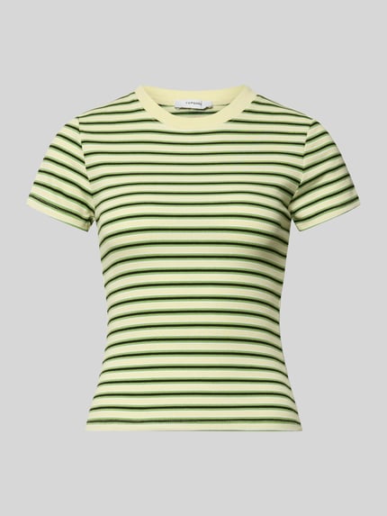 Produktfoto, Slim Fit T-Shirt mit Rundhalsausschnitt Modell 'Sally' von Topshop, Damen T-Shirt aus elastischem Baumwoll-Mix, Strukturmuster, grün-gelb gestreift, Rückenlänge Größe S 52 cm.