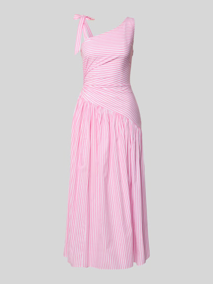 Productfoto, Midikleid in asymmetrischem Look van Little Mistress in roze-wit met horizontale en diagonale strepen, getailleerde fit, draperingen, lengte 129 cm, borstwijdte 39 cm.