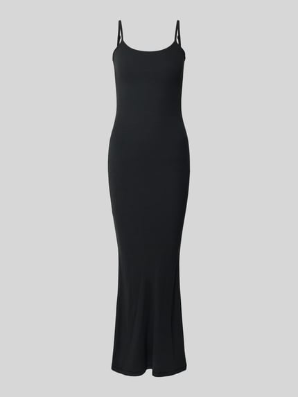 Produktfoto, czarna sukienka Slip Dress mit Feinripp und Spaghettiträgern Modell 'Corin' od LeGer by Lena Gercke, czysta bawełna, krój slim fit, długość maxi, delikatny prążek, cienkie ramiączka spaghetti, okrągły dekolt, długość tyłu w rozmiarze 36: 124 cm, szerokość w rozmiarze 36: 26 cm