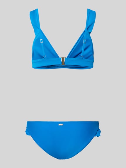 Produktfoto, leuchtend blaues Bikini-Set mit Rüschen Modell 'BOBBY' von Shiwi, glatte Textur, körpernahe Passform, Stretch-Anteil