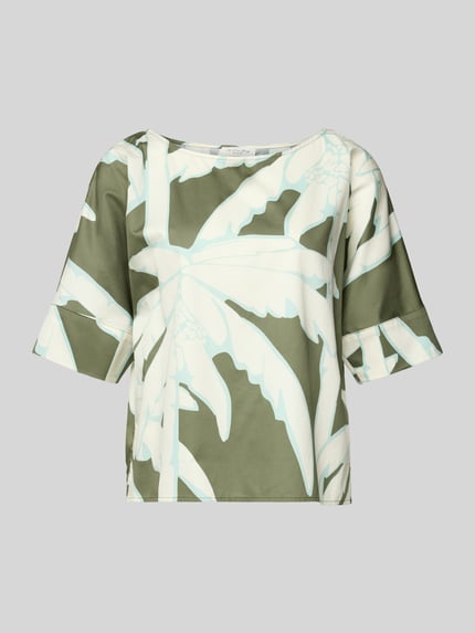 Produktfoto, Regular Fit Blusenshirt im Allover-Look von Christian Berg Woman aus reiner Baumwolle, grün-weißes Blattmuster, runder Ausschnitt