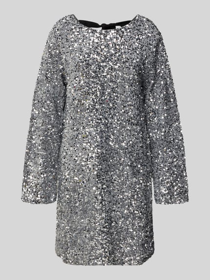Produktfoto, Knielanges Kleid mit Rundhalsausschnitt von VILLA SOPHIE in Silber mit lockerem Schnitt, Paillettenbesatz, blickdichtem Unterkleid.