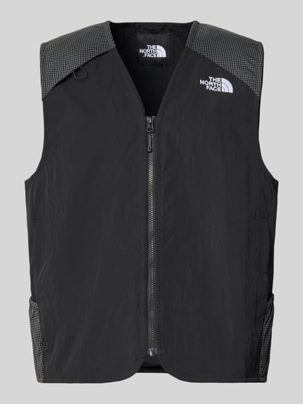 Produktfoto, Regular Fit Weste mit Logo-Stitching von The North Face, schwarz-grauer Material-Mix mit Reißverschluss und V-Ausschnitt.