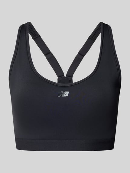 Produktfoto, Bustier mit Logo van New Balance in zwart, stretch-materiaal, aansluitende fit, racerback, glad oppervlak