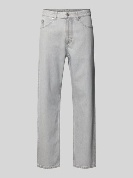 Produktfoto, Loose fit heren jeans uit puur katoen, model 'RUNNE' van Marc O'Polo Denim, denimlook, 5-pocketmodel, knoop- en ritssluiting, met studs, labelpatch, tapered, grijze kleur, grove textuur