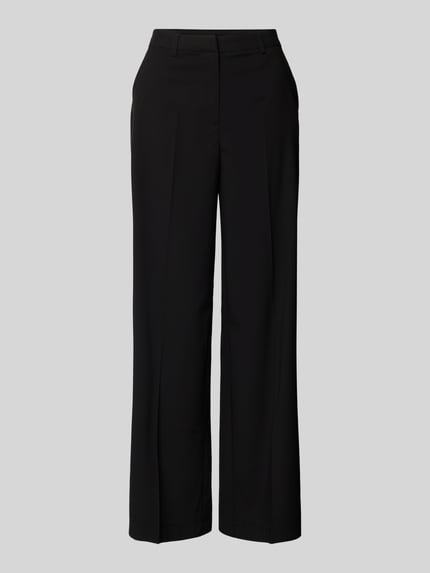Produktfoto, Weite Hose mit Viskose-Anteil Modell 'ROSA' von Pieces, Optik: Unifarben schwarz, Passform: Wide Leg, High-Waist, Label-Stitching, Gürtelschlaufen, Schiebehaken mit verdecktem Reißverschluss, seitliche Eingrifftaschen, Gesäßtaschen, glatte Stoffstruktur