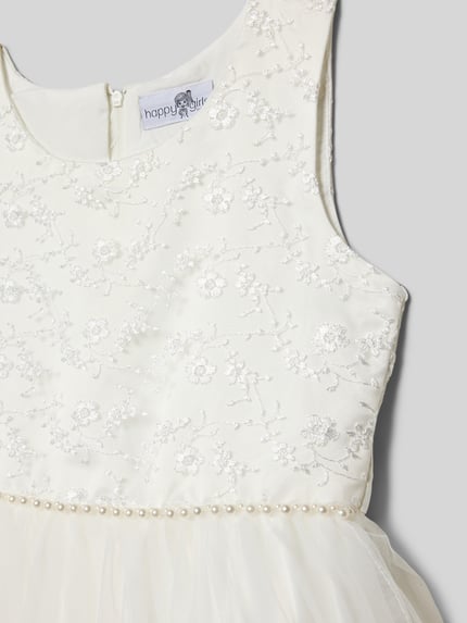 Productfoto, Kinder Kleid met Stitchings en Parel van Happy Girls, wit, A-lijn, tule, ronde hals, rits achter, fijne textuur
