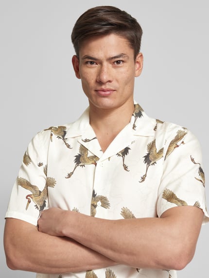 Lindbergh Modern fit vrijetijdsoverhemd met all-over motief, model 'Tencel' Offwhite - 3