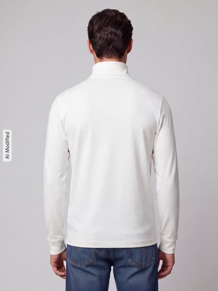 Männermodel draagt Regular Fit Rollkragenpullover aus reiner Baumwolle van Polo Ralph Lauren in effen wit, rechte snit, Heren coltrui, Ganzkörperansicht Rückansicht, KI-modifiziertes Bild.