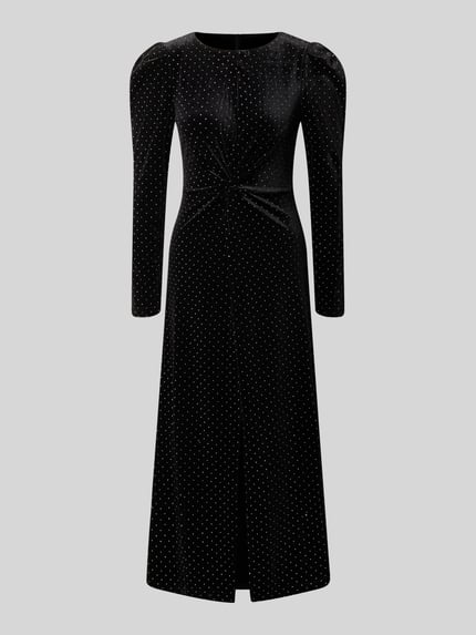 Produktfoto, Cocktailkleid im Allover-Look Modell 'HELLA' von YAS, schwarz mit feinem Punktmuster, Midikleid mit Gehschlitz, Material-Mix mit Stretch-Anteil, figurbetonter Schnitt, Rundhalsausschnitt