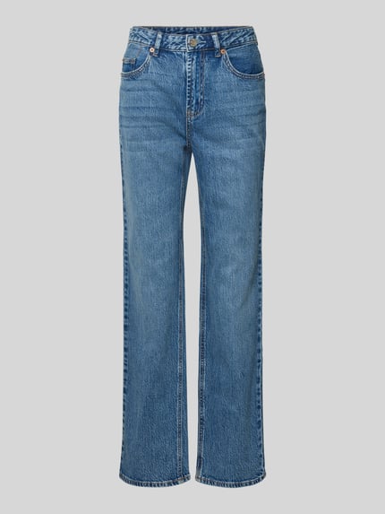 Produktfoto, Straight Fit Jeans aus Baumwoll-Mix Modell 'TESSA' von Vero Moda w jednolitym niebieskim denimu, wysoki stan, 5 kieszeni, detal z logo.