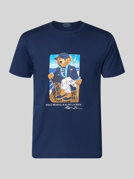Productfoto, donkerblauw slim fit T-shirt van pure katoen met kleurrijke polo bear-print van Polo Ralph Lauren, heren T-shirt