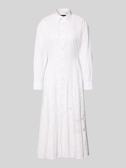 Produktfoto, Midi Hemdblusenkleid aus reiner Baumwolle von Polo Ralph Lauren in Weiß, Optik: Unifarben, Lochspitze, einreihige Knopfleiste