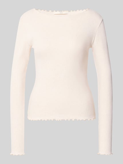 Produktfoto, Slim Fit Longsleeve aus mieszanka bawełny od Lanius, jasny krem, dekolt w łódkę, dół z obszyciem falbaną, Długość tyłu w rozmiarze 36: 54 cm