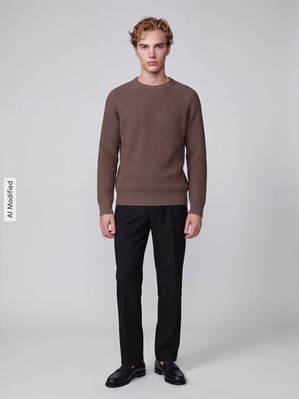 Männermodel trägt Regular Fit Pullover aus reiner Baumwolle Modell 'BRAUN' von Selected, Herren Pullover, braun, schwarze Hose, Ganzkörperansicht von vorne, KI-modifiziertes Bild.