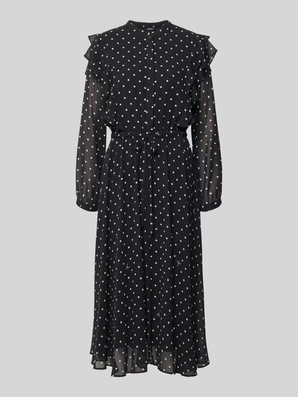 Produktfoto, Midikleid im Allover-Look mit Bindegürtel von JOOP!, schwarze A-Linie mit weißen Punkten, Volants, transparenter Stoff, Rundhalsausschnitt, Rückenlänge 120 cm, Brustweite 47 cm, Ärmellänge 63 cm, Größe 36.