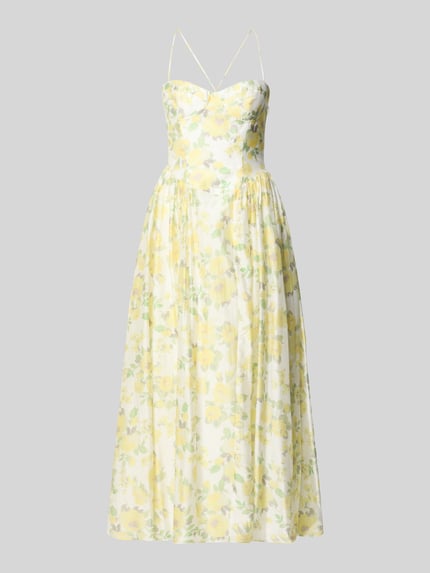 Produktfoto, Abendkleid mit rückseitiger Schnürung Modell 'ESTIE' von Bardot, Damen Maxikleid aus Lyocell-Mix in A-Linie, gelb-grünes Blumenmuster, Herz-Ausschnitt, Spaghettiträger, seitlicher Nahtreißverschluss, Rückenlänge 20 cm, Brustweite 32 cm, Größe 36.