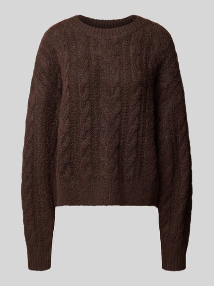 REVIEW Oversized Fit Strickpullover mit Zopfmuster Dunkelbraun Melange 1