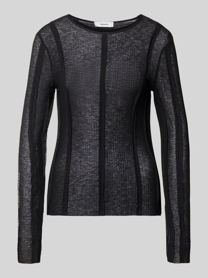 Produktfoto, czarna bluzka z długim rękawem Slim Fit Longsleeve in semitransparentem Design Modell 'Belma' von Topshop, mieszanka bawełny, krój slim fit, półprzezroczysty materiał, okrągły dekolt, długość tyłu w rozmiarze S: 56 cm