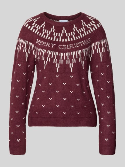 Produktfoto, gebreide pullover in bordeaux met witte patronen, model 'KERTI' van Vila, materiaalmix met stretch, regular fit, all-over look, ronde hals.