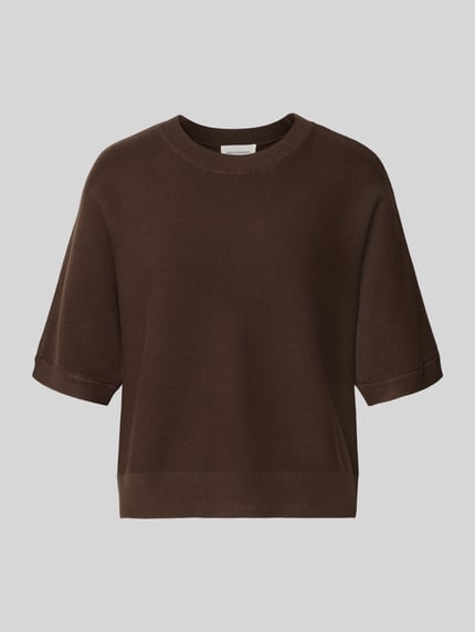 Produktfoto, Relaxed Fit Pullover aus Viskose-Mix Modell 'Thamira' von MSCH Copenhagen in Braun, Strick-Optik, 1/2-Arm, Rundhalsausschnitt.