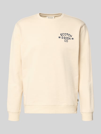 Productfoto, Sweatshirt met Label-Print van Scotch & Soda, beige katoen, regular fit, geribde boorden, ronde hals, labelprint voorzijde.