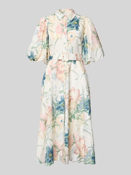 Produktfoto, Midikleid aus Leinen-Mix mit floralem Allover-Print von Ted Baker, mix van katoen en linnen, getailleerd, bloemenprint, platte kraag, halflange mouwen, knoopsluiting, afneembare stoffen riem, ruglengte maat 36: 118 cm, borstwijdte maat 36: 43 cm, mouwlengte maat 36: 38 cm