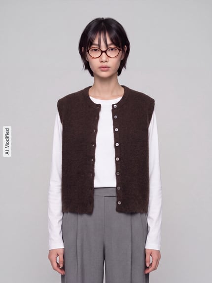 Frauenmodel trägt Regular Fit Pullunder mit einreihiger Knopfleiste Modell 'SIMONI' von ONLY, braun, kombiniert mit weißem Langarmshirt und grauer Hose, neutrale Farben, weiche Stoffstruktur, Ganzkörperansicht von vorne, Damen Pullover von ONLY, KI-modifiziertes Bild.