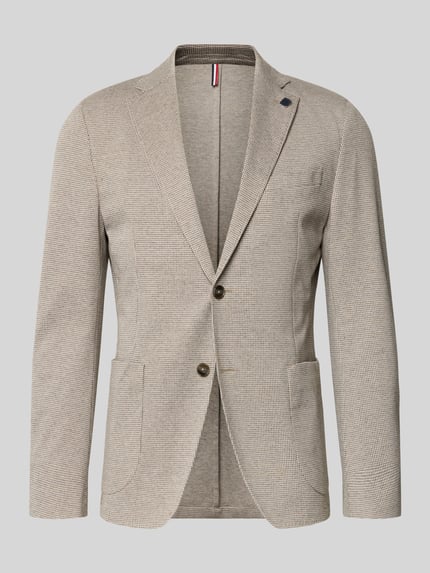 Produktfoto, Regular Fit Blazer mit Zierstein von HECHTER PARIS aus Baumwoll-Mix in Beige mit Reverskragen, Brusttasche, aufgesetzten Taschen und 2-Knopfleiste, strukturierte Oberfläche, Rückenlänge 73 cm, Schulterbreite 48 cm, Ärmellänge 68 cm