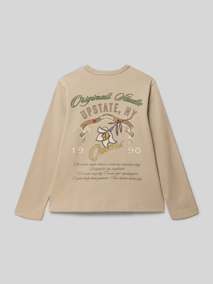 Produktfoto, beiges Regular Fit Sweatshirt mit Logo-Print Modell 'Upstate' von Jack & Jones aus reiner Baumwolle, Motiv und Schrift auf Rückseite