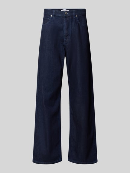 Produktfoto, granatowe jeansy Wide Fit Jeans aus reiner Baumwolle von MAISON KITSUNÉ, 5 kieszeni, efekt sprania, zapięcie na guzik i zamek błyskawiczny, Długość wewnętrzna nogawki w rozmiarze 32: 78 cm, Szerokość w rozmiarze 32: 45 cm, bawełna