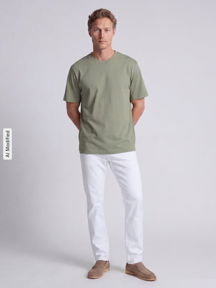 Männermodel trägt Regular Fit T-Shirt aus reiner Baumwolle von MCNEAL in Olivgrün, weißer Hose, schlichte Optik, Ganzkörperansicht von vorne. Herren T-Shirt, reine Baumwolle, Rundhalsausschnitt, kurzärmeliges Design, Rückenlänge bei Größe M 66 cm.