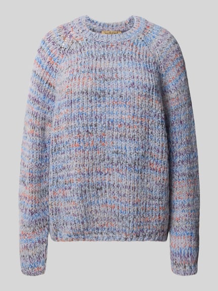 Produktfoto, Strickpullover mit Rundhalsausschnitt von Smith and Soul, Grobstrick in Blau, Orange und Grau, Material-Mix mit Mohair-Anteil