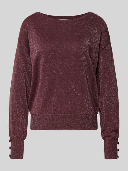 Produktfoto, Strickpullover mit Zierknöpfen Modell 'MOBBE' von B.Young in Bordeaux mit Glanzoptik, U-Boot-Ausschnitt, Viskose-Mix, Regular Fit.