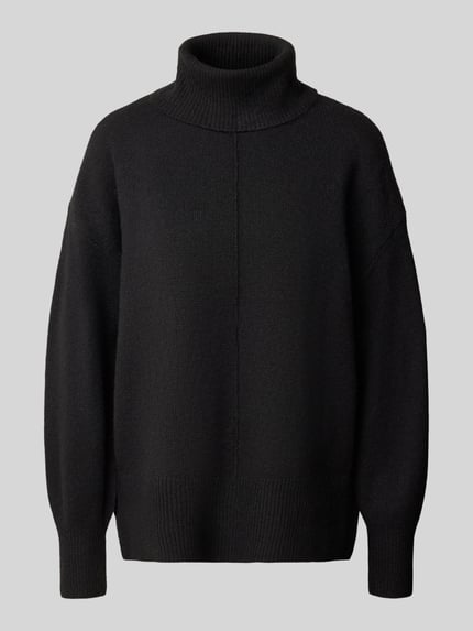 Produktfoto, Turtleneck mit Rippbündchen Modell 'PCMALOU' von PIECES in schwarzer Melange-Strickoptik mit Strukturmuster, Rollkragen und gerippten Abschlüssen, Feinstrick-Rippstrick Material