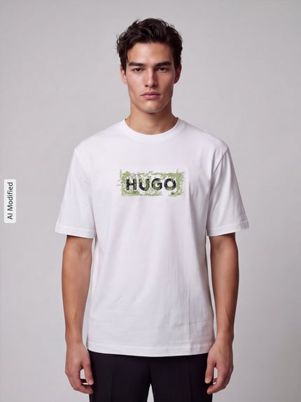 Männermodel trägt Regular Fit T-Shirt aus reiner Baumwolle Modell 'Niviotee' von HUGO, Weiß mit Motiv-Print, Ganzkörperansicht von vorne, KI-modifiziertes Bild.