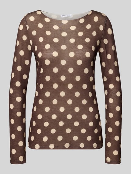 Produktfoto, Regular Fit Longsleeve aus elastischem Viskose-Mix von ZABAIONE, braun mit beigem Punktemuster, glatte Textur, Modell 'Is44ina', Rückenlänge 58 cm bei Größe S