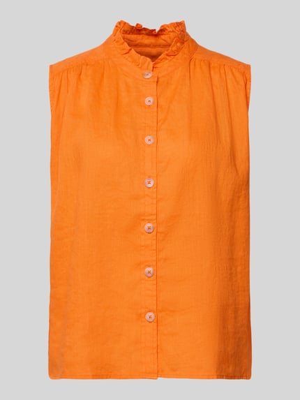 Produktfoto, Blusentop aus Leinen mit Stehkragen und Knopfleiste von Emily Van den Bergh in leuchtendem Orange, Regular Fit, glatte Struktur.