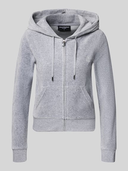 Produktfoto, Sweatjacke mit Label-Stitching Modell 'ROBERTSON' von Juicy Couture, szary materiał, regular fit, kieszenie, zamek, kaptur