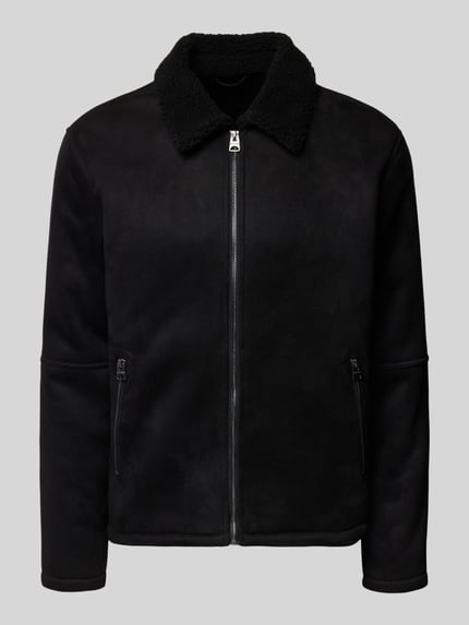 Produktfoto, Regular Fit Bomberjacke mit Kunstfellkragen Modell 'ROYCE' von Only & Sons, schwarze Wildleder-Optik, Reißverschlusstaschen