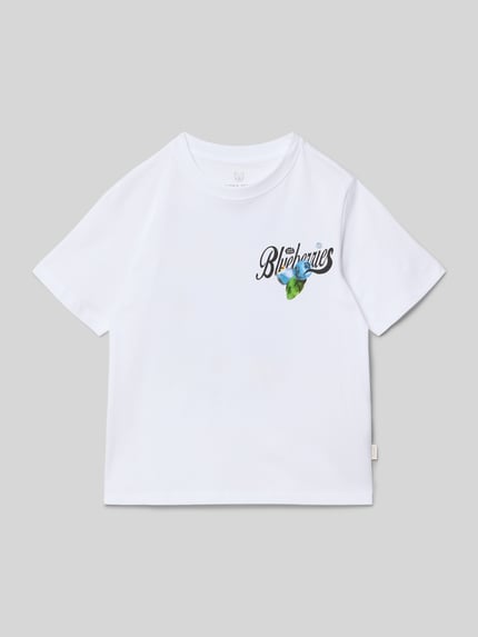 Produktfoto, T-Shirt mit Motiv-Print von Jack & Jones, weiße Baumwolle, gerader Schnitt, kurzer Ärmel, Schriftzug, glatte Textur