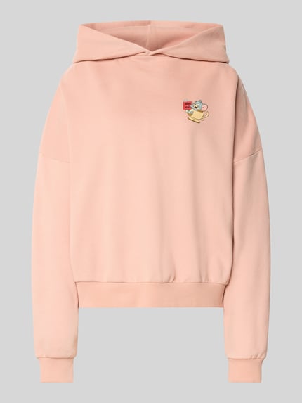 REVIEW Bluza z kapturem, nadrukiem z motywem i obniżonymi ramionami Brudnoróżowy 2