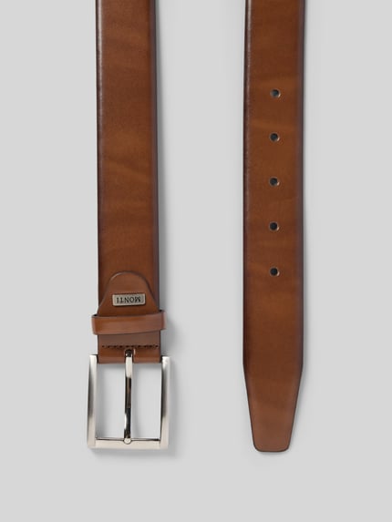 Produktfoto, Heren leren riem van Monti, klassiek model 'LONDON' met labeldetail, doornsluiting, breedte 3 cm, echt leer, bruin.
