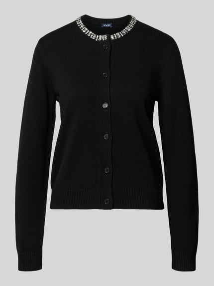 Productfoto, Regular Fit Cardigan met viscose-kasjmier-mix model 'Kosta' van JOOP!, zwart, met siersteentjes, tricotlook, knoopsluiting, elastische boorden, materiaalmix context dames cardigan.