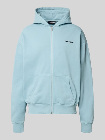 Produktfoto, Oversized Sweatjacke mit Logo von Pegador aus Baumwoll-Mix in Hellblau, Kapuze, Reißverschluss, Känguru-Tasche, Herren