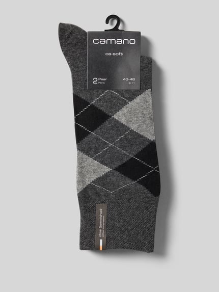Produktfoto, Socken mit Karomuster im 2er-Pack von camano, bawełniany mix, elastyczne, szare, czarne, kratka, detal z logo, wyraźna faktura
