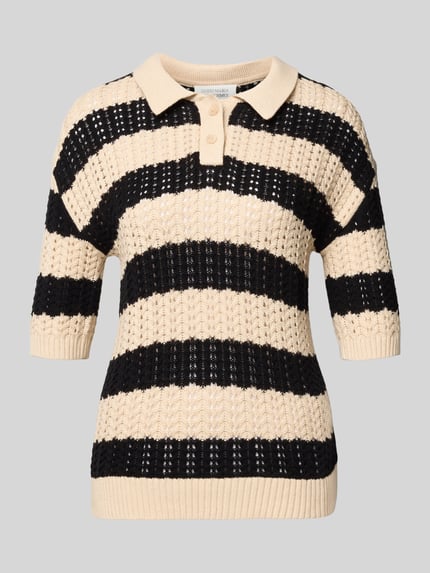 Produktfoto, Strickpullover aus Baumwoll-Kaschmir-Mix Modell 'DARLEEN' von GUIDO MARIA KRETSCHMER WOMAN, creme-schwarz gestreift, Polokragen, Knopfleiste, Regular Fit