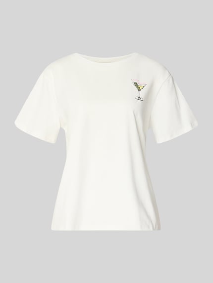 Produktfoto, damski t-shirt z bawełny o kroju regular fit, model 'Eleanor' z nadrukiem z logo, okrągły dekolt, długość tyłu w rozmiarze S: 57 cm, LOLLYS LAUNDRY, kolor biały, gładka faktura